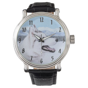 Sibirischer Husky (Silber und Weiß) Malerei Hunde Armbanduhr