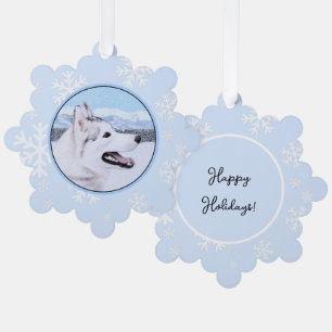 Sibirischer Husky (Silber und Weiß) Malerei Hunde Ornament Karte