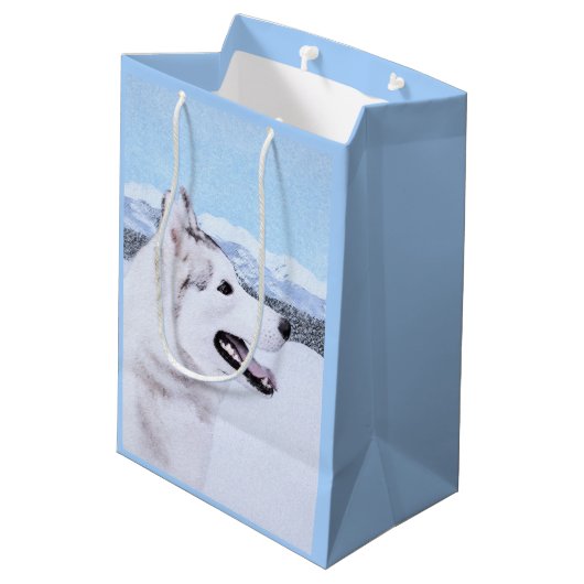 Sibirischer Husky (Silber und Weiß) Malerei Mittlere Geschenktüte (Rückseite Schrägansicht)