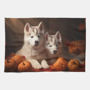 Sibirischer Husky-Welpe Herbstfreude Kürbis  Geschirrtuch