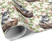 Sibirischer Husky-Welpe in Basket Christmas Holly Geschenkpapier (Rolleneckpunkt)