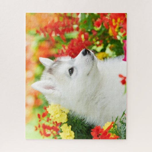 Sibirischer Husky-Welpe in Blume-Rätsel Puzzle (Vertikal)