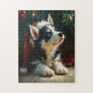 Sibirischer Husky-Welpe Weihnachtsmalerei Puzzle