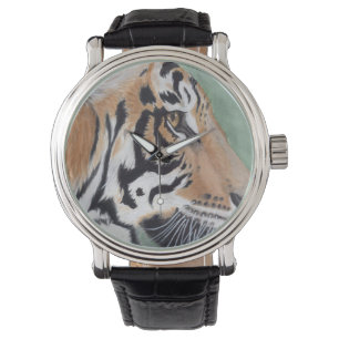 Sibirischer Tiger-Uhr-Schwarz-Leder-Band-Wahlen Armbanduhr