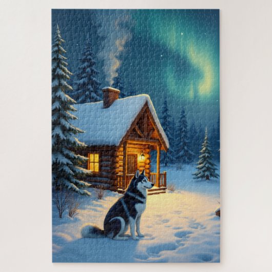 Sibirisches Husky-Schneehütten-Weihnachtsbild Puzzle (Vertikal)