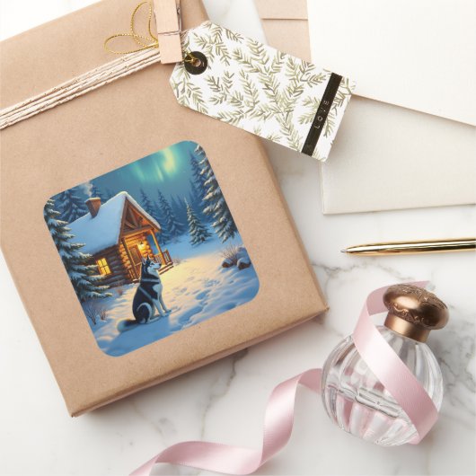 Sibirisches Husky-Schneehütten-Weihnachtsbild Quadratischer Aufkleber (Schenken)