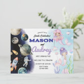 Sibling Birthday, Joint Birthday, Space, Mermaid Einladung (Stehend Vorderseite)