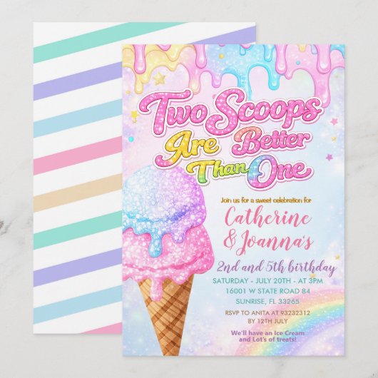 Sibling Double the Scoops Joint Birthday  Einladung (Vorne/Hinten)