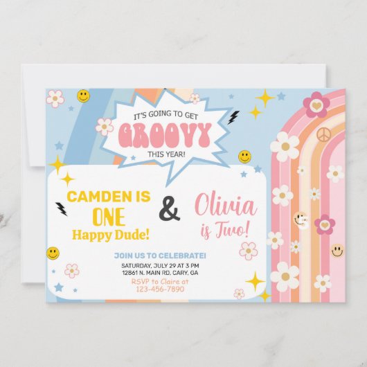 Siblings GROOVY boy and girl birthday invitation. Einladung (Vorderseite)