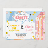 Siblings GROOVY boy and girl birthday invitation. Einladung (Vorne/Hinten)