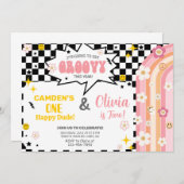 Siblings GROOVY boy and girl birthday invitation. Einladung (Vorne/Hinten)