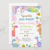 Siblings unicorn and dinosaurs invitation. einladung (Vorne/Hinten)