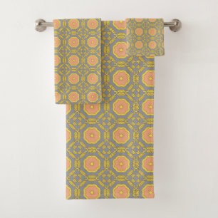 sich wiederholendes geometrisches Muster mit Orang Badhandtuch Set