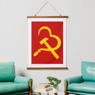 Sichel und Hammer, Herz, Liebe, Kommunismus Wandteppich Mit Holzrahmen