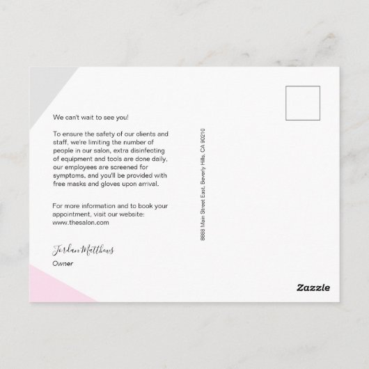 Sicherheit im Salon: Modernes rosa und graues Anno Postkarte (Rückseite)