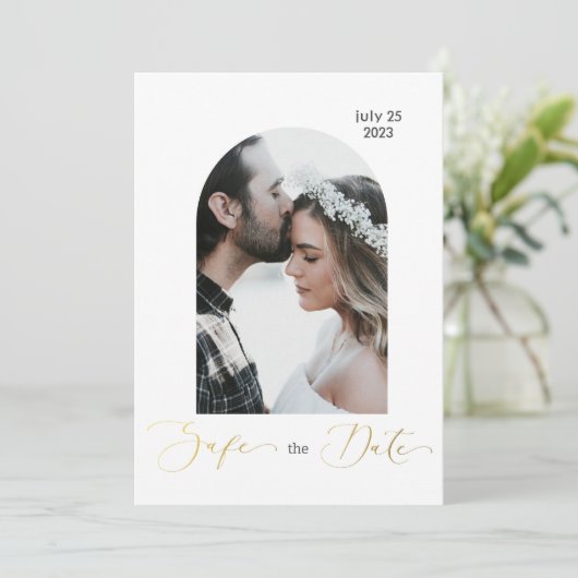 Sichern des Datums Foto, goldenes Skript Einladung (Stehend Vorderseite)