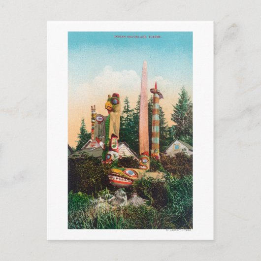 Sicht auf die indischen Gräber und Totempoles Postkarte (Vorderseite)