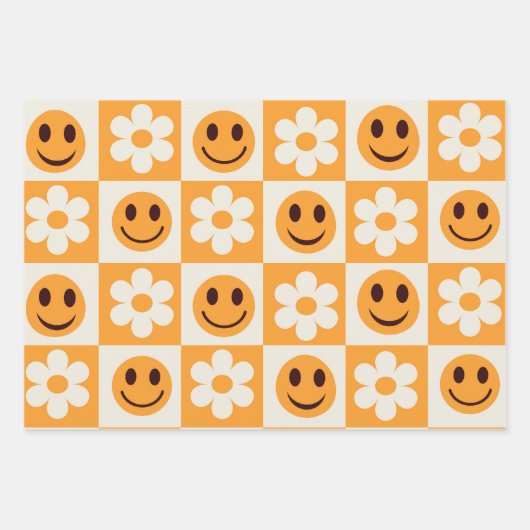 Sichtbare weiße Blume und orangefarbene lächelnde  Geschenkpapier Set (Vorderseite 2)