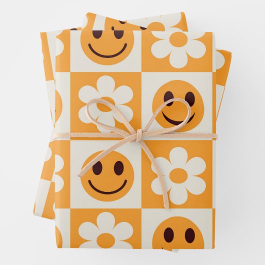 Sichtbare weiße Blume und orangefarbene lächelnde  Geschenkpapier Set (Beispiel)