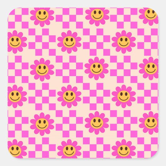 Sichtbares Muster für Hot Pink-Lächelnde Blume Quadratischer Aufkleber (Vorderseite)