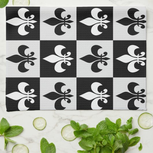 Sichtbares Schwarz-weißes Fleur-De-Lis-Muster Geschirrtuch (Gefaltet)