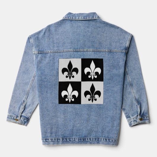Sichtbares Schwarz-weißes Fleur-De-Lis-Muster Jeansjacke (Rückseite)