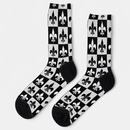 Sichtbares Schwarz-weißes Fleur-De-Lis-Muster Socken (Linkes Detail)