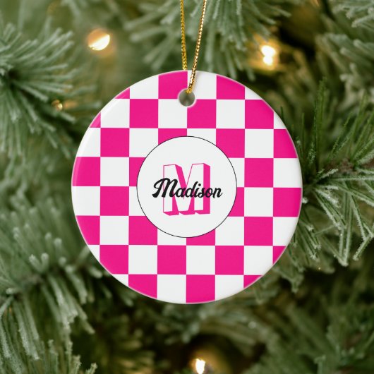 Sichtbares, weißes, rosa Retro-Monogramm Keramik Ornament (Baum)