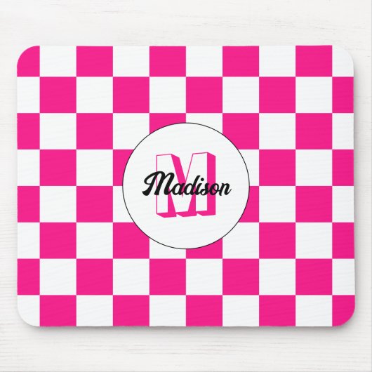 Sichtbares, weißes, rosa Retro-Monogramm Mousepad (Vorne)