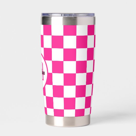 Sichtbares, weißes, rosa Retro-Monogramm Thermobecher (Rückseite)