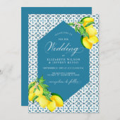 Sicilian Blue Tiles Summer Lemon Boho Wedding Einladung (Vorne/Hinten)