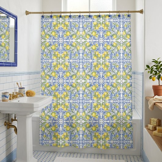 Sicilian Lemon Blue Majolica Tile Shower Curtain Duschvorhang