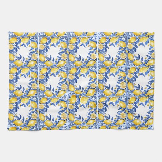 Sicilian Lemon Tiles Pattern Mediterranean Dolce Geschirrtuch (Horizontal)