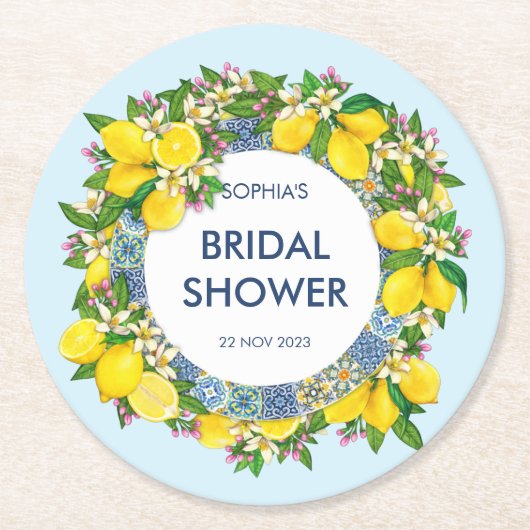 Sicilian Majolica Tiles Floral Leafy Lemon Garland Runder Pappuntersetzer (Vorderseite)
