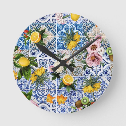 Sicilian style tiles with flowers and lemon runde wanduhr (Vorderseite)