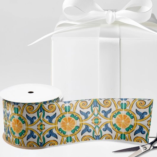 Sicilian Tile and Oranges on White Satinband