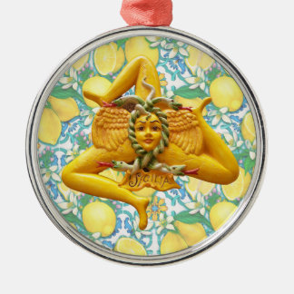 Sicilian Trinacria Italian Pride Lemons on Blue  Ornament Aus Metall