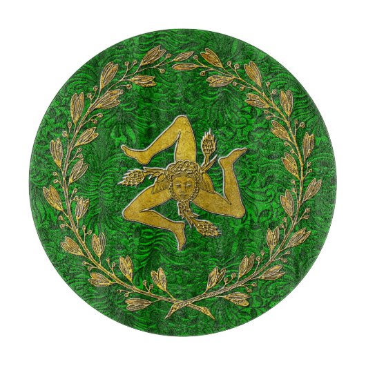 Sicilian Trinacria Olive Wreath Patina Hintergrund Schneidebrett (Vorderseite)