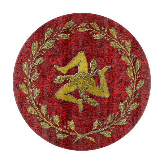 Sicilian Trinacria Olive Wreath Patina Hintergrund Schneidebrett (Vorderseite)