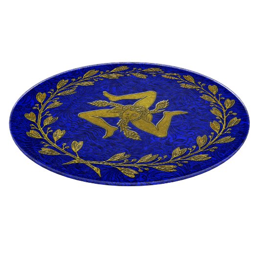 Sicilian Trinacria Olive Wreath Patina Hintergrund Schneidebrett (Ecke)