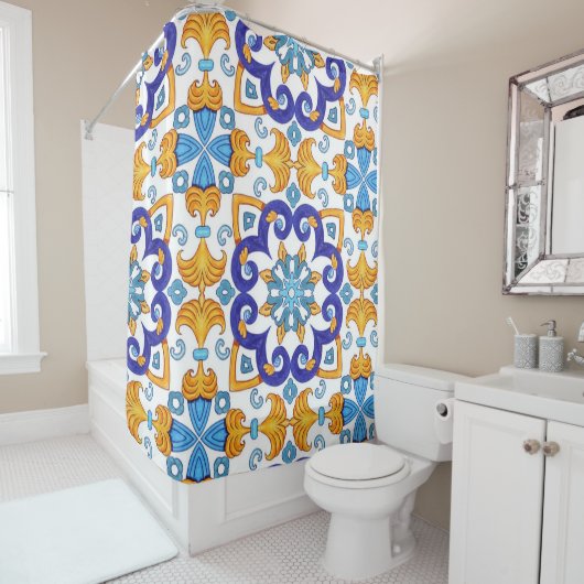 Sicilian Vibrant Majolica Scrollwork Mediterranean Duschvorhang (Beispiel)