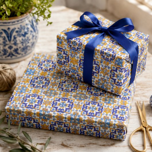 Sicilian Vibrant Majolica Scrollwork Mediterranean Geschenkpapier