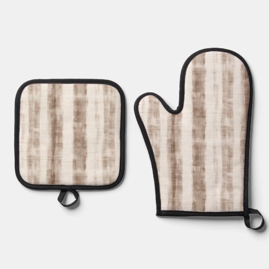 Sicilian Woven Cream Tan Stripes Brautparty Ofenhandschuh & Topflappen-Set (Vorderseite)