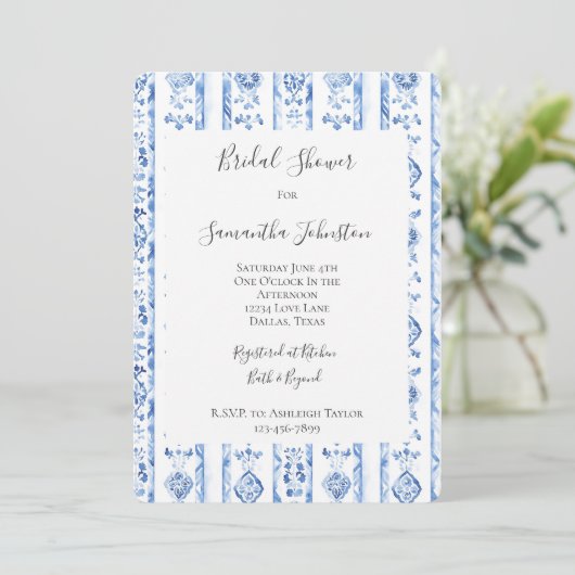 Sicily Italian Rustic Blue Stripes Bridal Shower Einladung (Stehend Vorderseite)