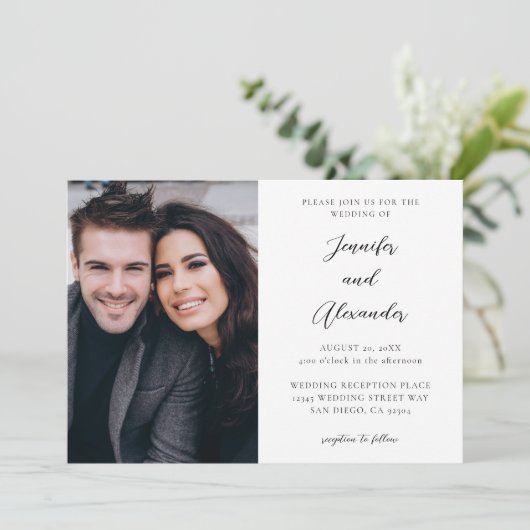 Side Foto Mod Elegant Calligraphy Wedding Einladung (Stehend Vorderseite)