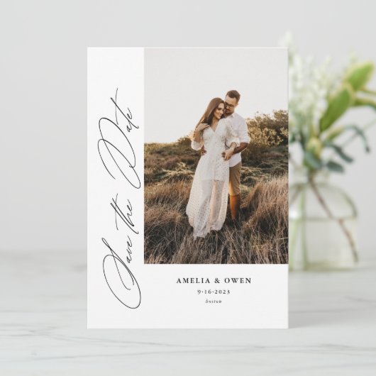 Side Script Minimalistisch Modernes Foto Hochzeit Save The Date (Stehend Vorderseite)