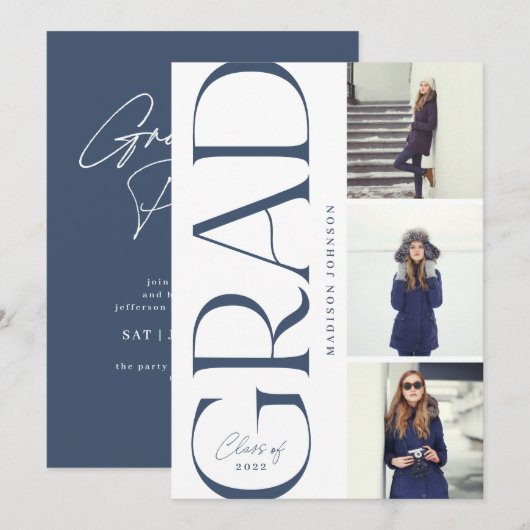 Side Typografy Abschluss 2022 3 Foto Party Navy Einladung (Vorne/Hinten)