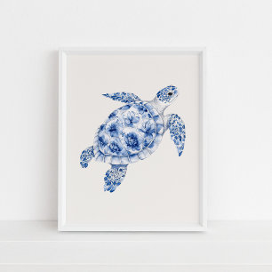 Side View Sea Turtle - Coastal Blue auf Beige Poster