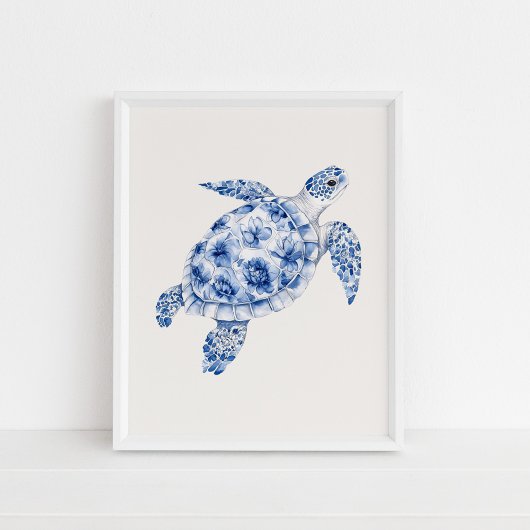 Side View Sea Turtle - Coastal Blue auf Beige Poster