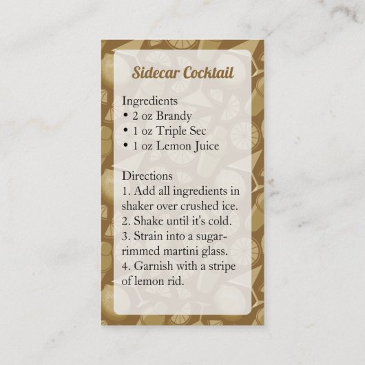 Sidecar Cocktail Visitenkarte (Rückseite)